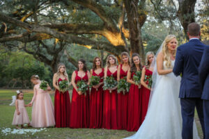 Wedding with line of bridesmaids and flower girls