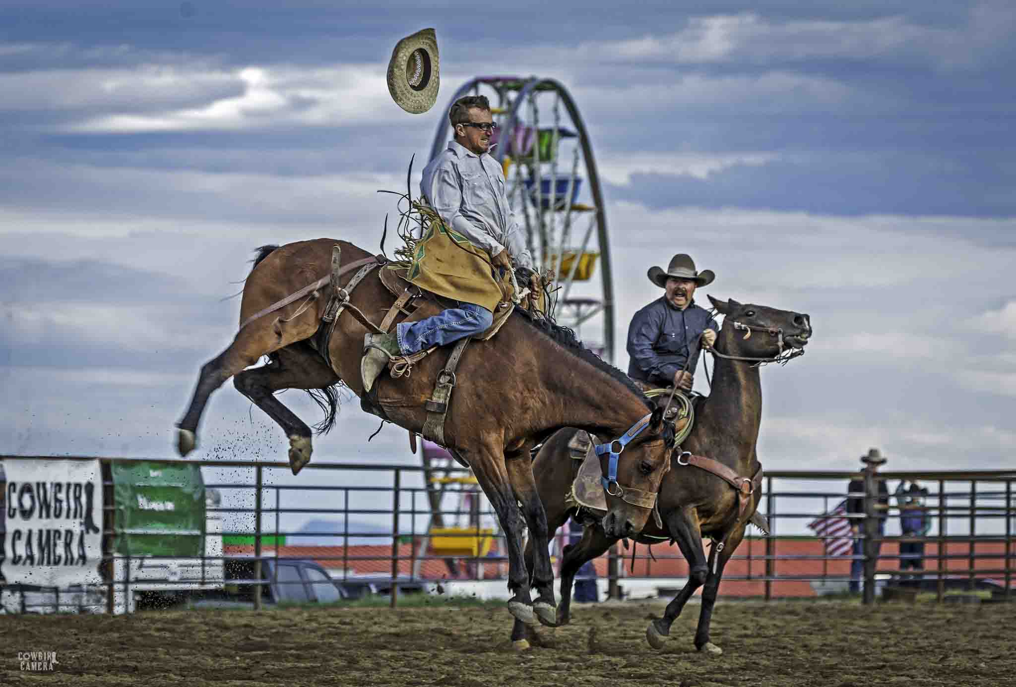 Bronc bucking in front of a ferris wheel with a pickup man nearby